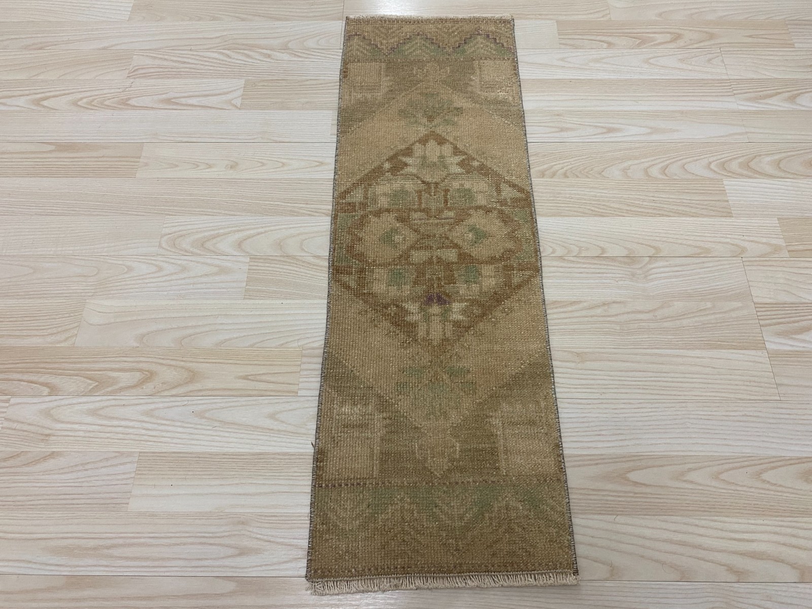 Vintage Turkish Small Rug 0.9×2.8 ft Hand Knotted Wool Faded Olive Minimal Decor