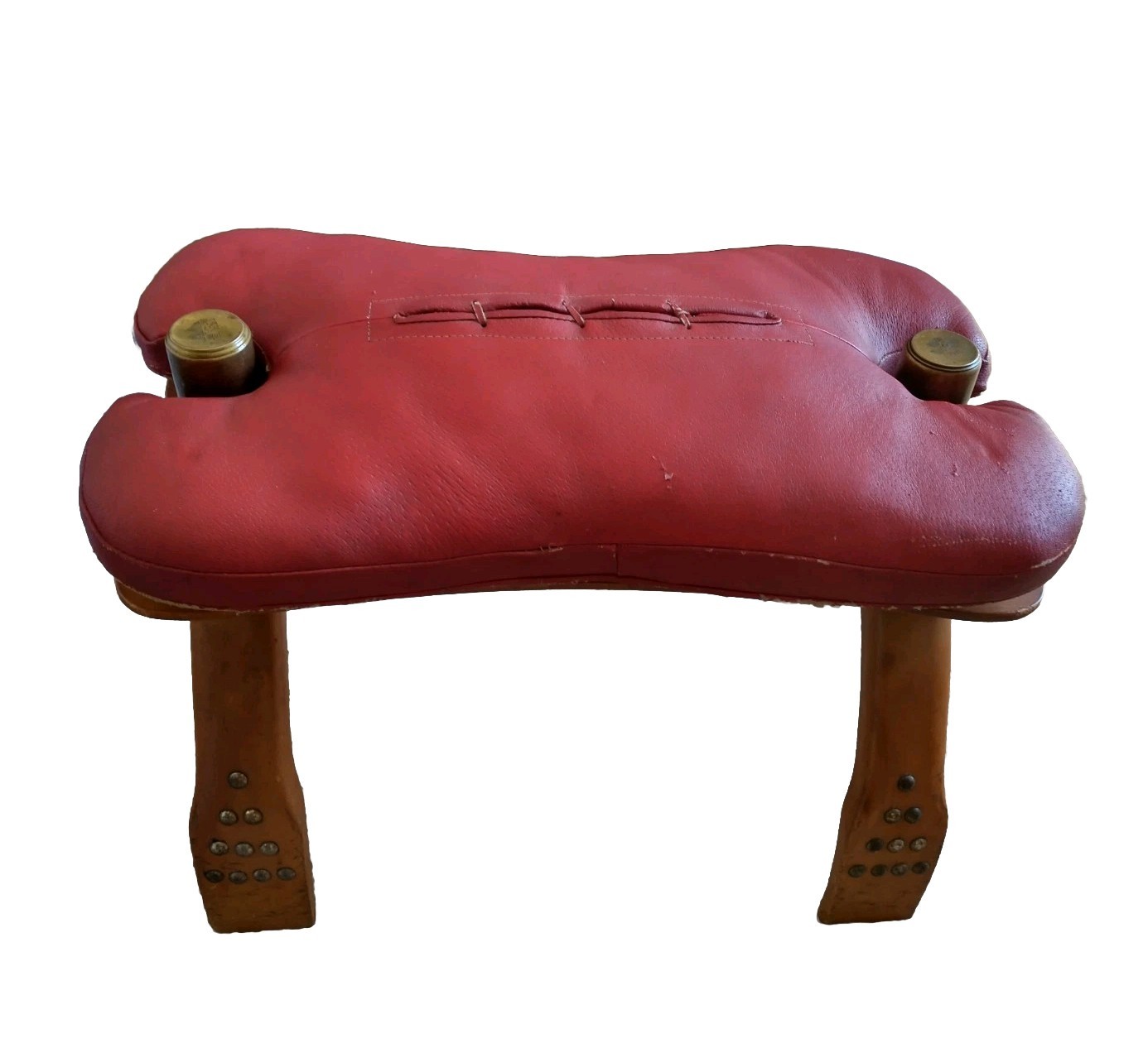 Egyptian Antique Red Leather And Wood Camel Saddle W Brass Studs Foot Stool