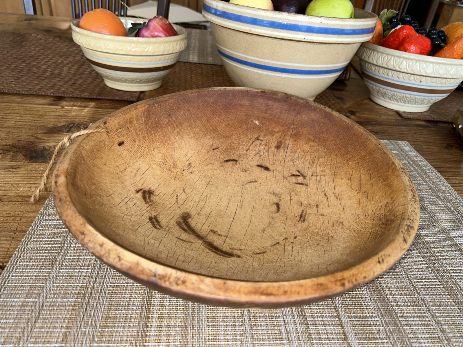 ANTIQUE 19TH CENTURY TURNED ” OUT OF ROUND” HARD WOOD HANGING DOUGH BOWL