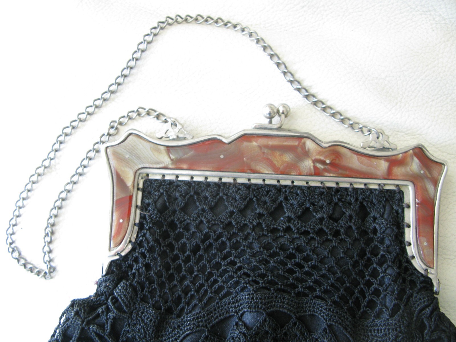 Antique Silver Lucite Marble Frame Black Crochet Tassel Large Purse