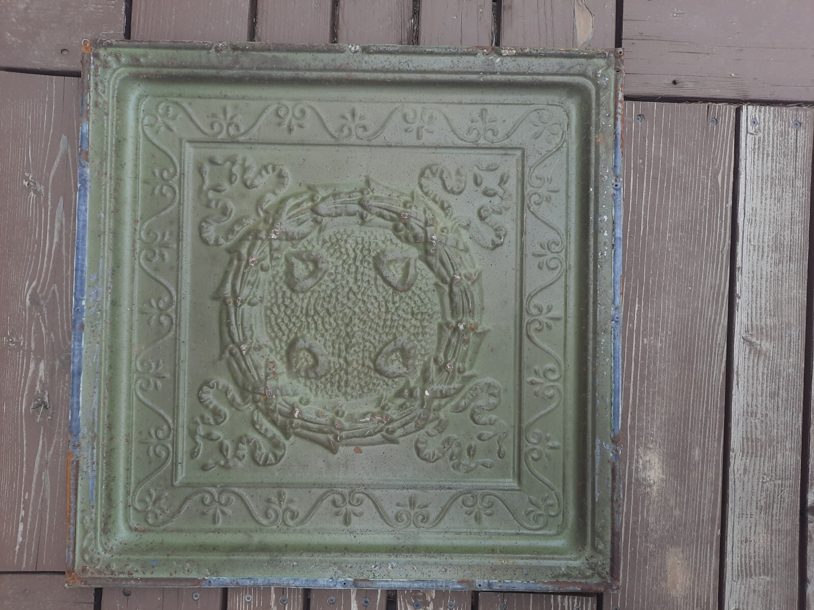 Victorian Pressed Tin Ceiling, 2’x2′, Wreath. Salvage, Shabby, Chippy