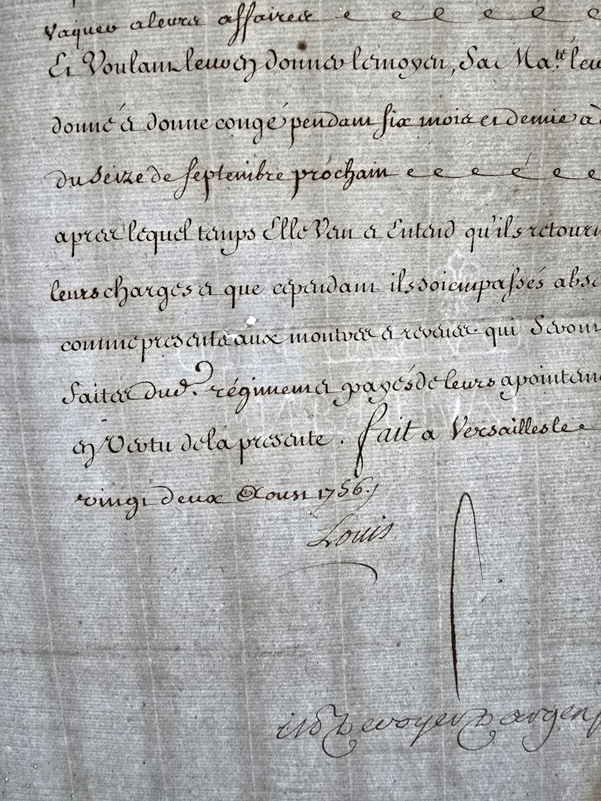 LOUIS XV SIGNED FURLOUGH FOR 6 CAPTAINS IN THE BEAUVAISIS INFANTRY REGIMENT 1756