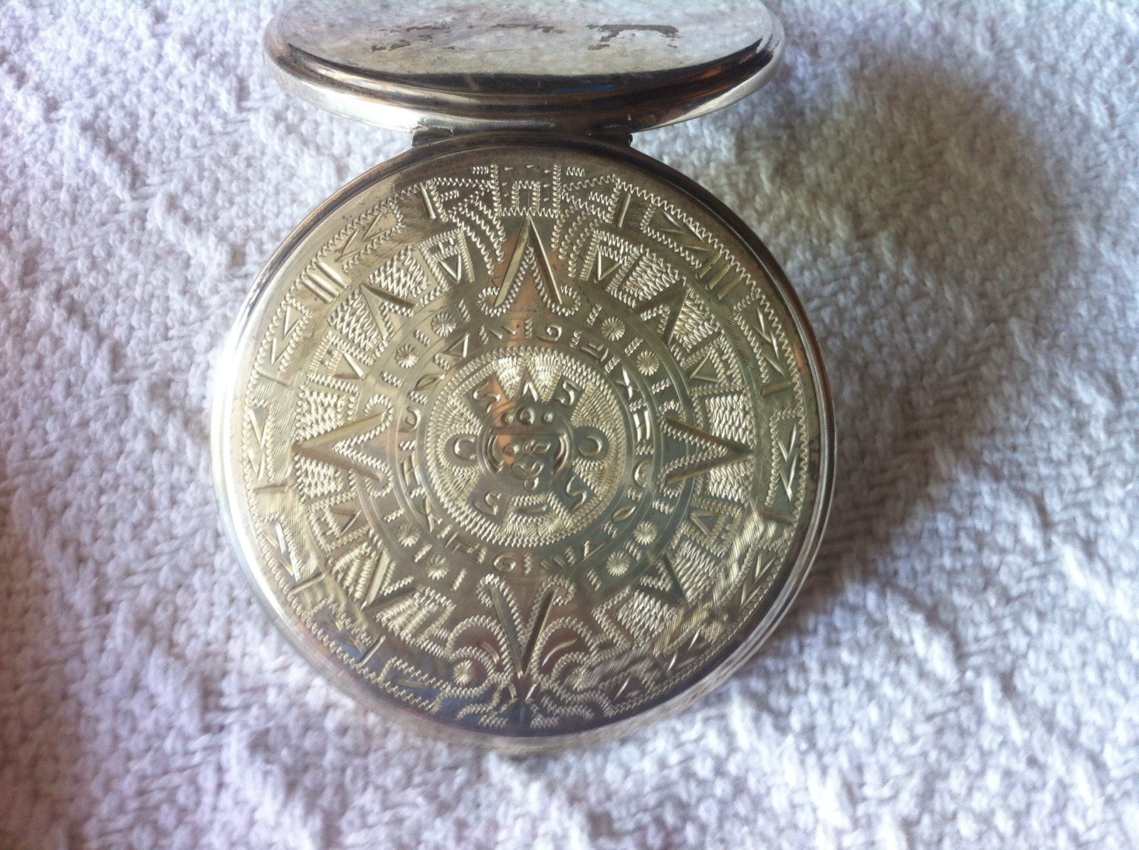 VTG” Argenta Sterling Silver Makeup Compact”Mayan Calendar Design” “L@@K”