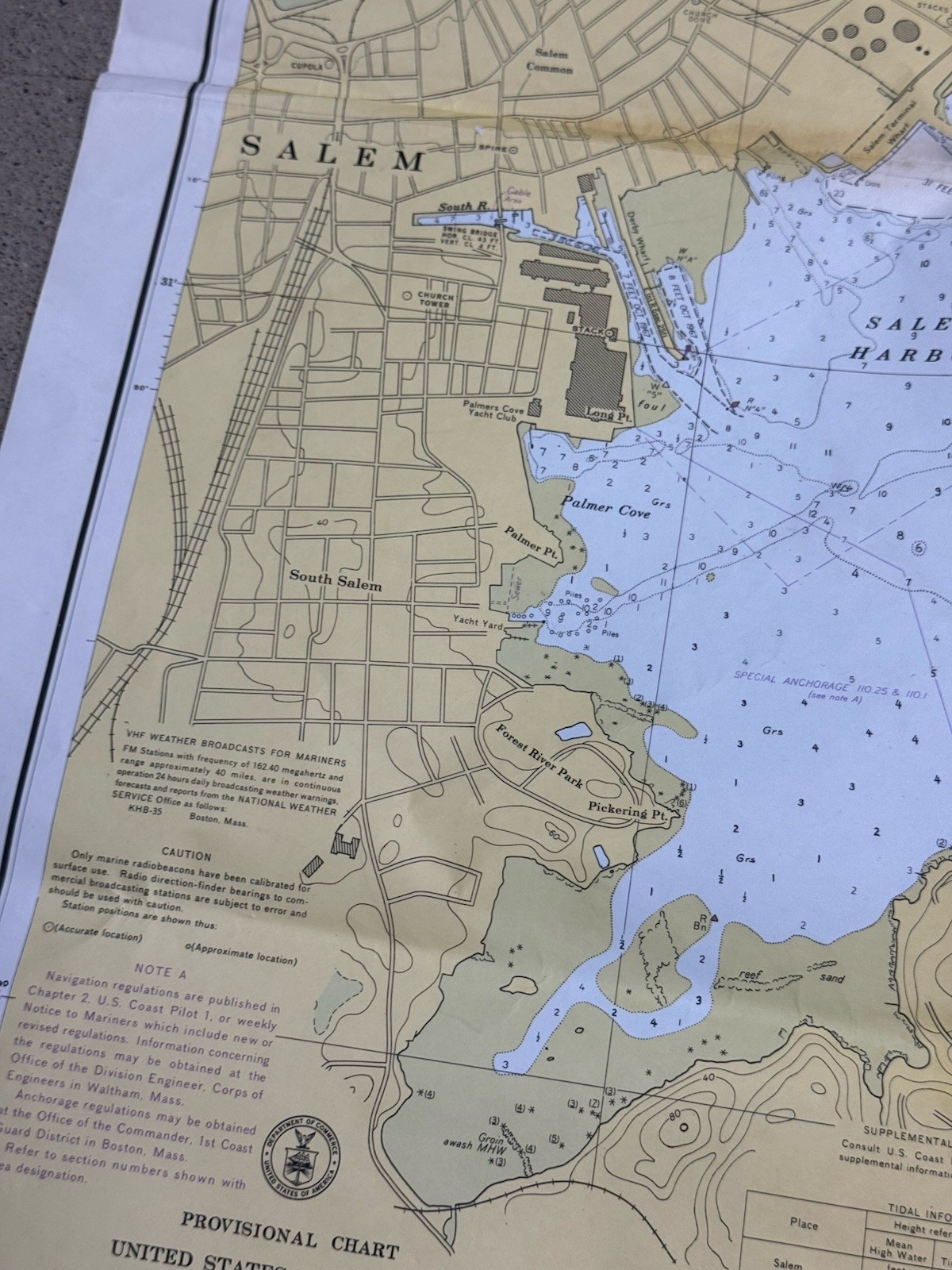 1972 SALEM, MARBLEHEAD, BEVERLY Nautical Chart HARBORS 33.5″ x 33.5″