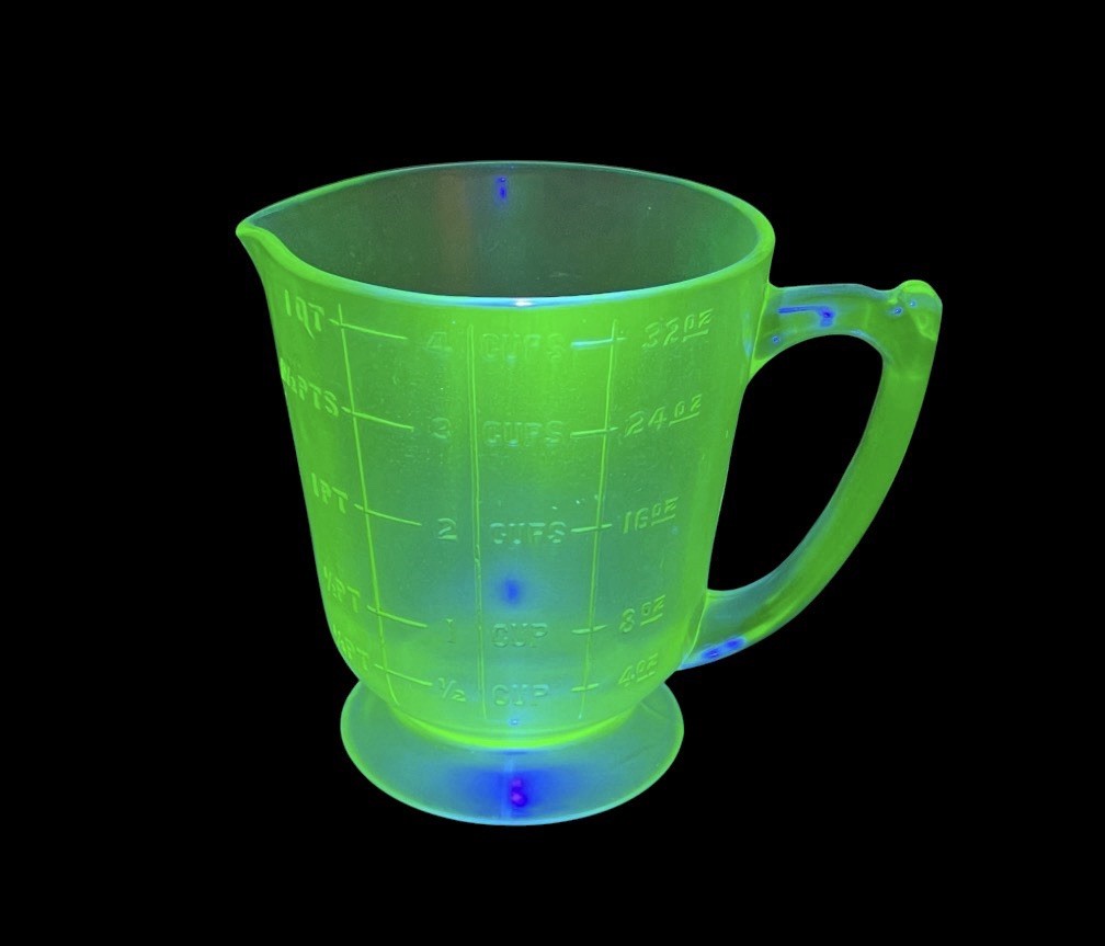 Uranium Depression Glass Quart Measuring Cup w/ Vintage Hand Mixer Beater 1923