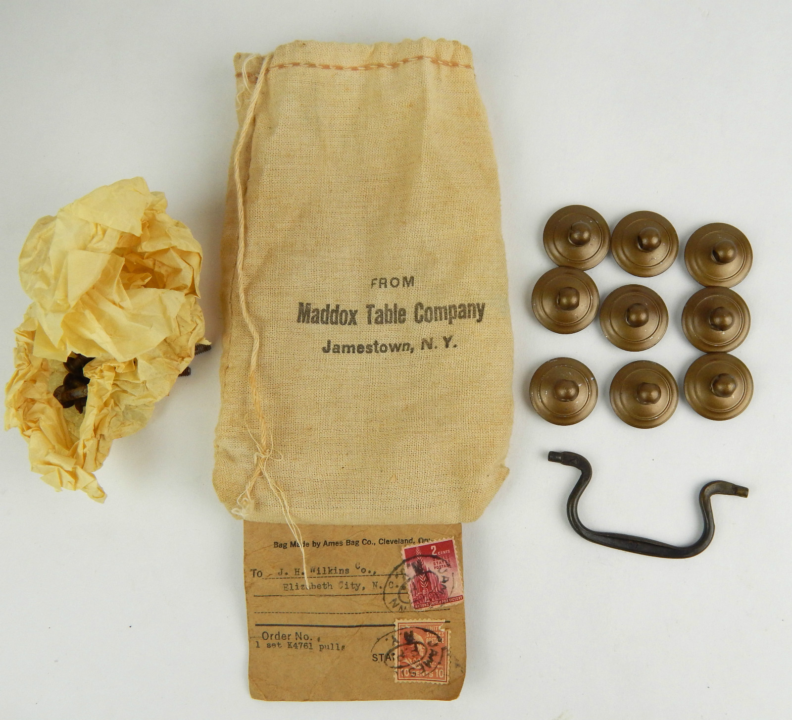 Antique Maddon Table Company Drawer Pulls/Knobs w/ Hardware Sack & Tag VGC