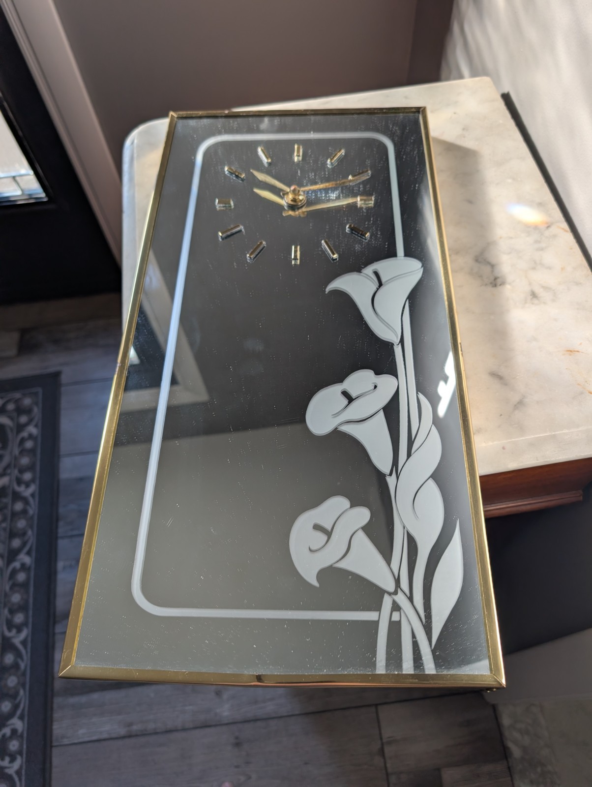 Vintage Postmodern 1980s Clock Mirror Brytone Mechanical Mirror Works flowers
