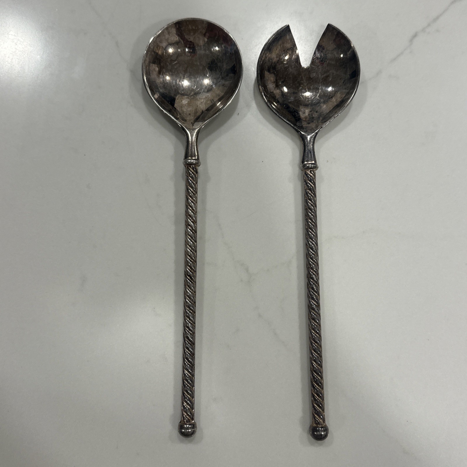 EP ZINC Italy Vintage Serving Spoon and Fork Set Salad Twisted Silverplated 9.5″