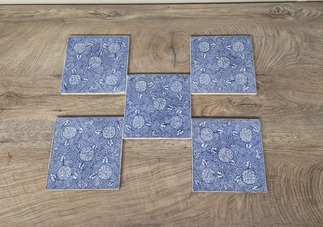 SET 5 ANTIQUE MINTON CHINA WORKS TILES 6″ VICTORIAN BLUE WHITE FLORAL TRANSFER