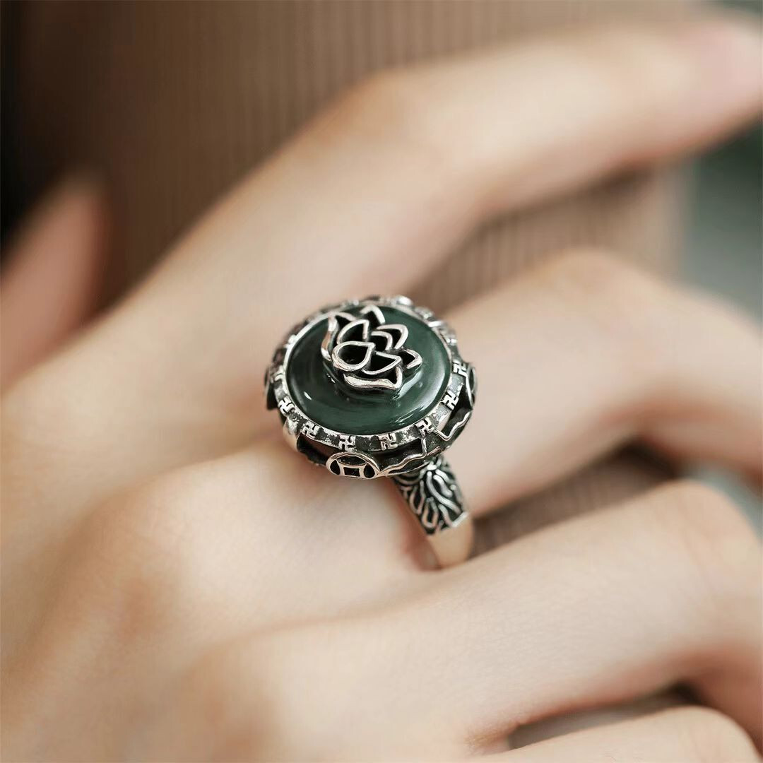 Antique Old Chinese Cloisonne Silver Inlay Gems Flower Jewelry Figure Ring