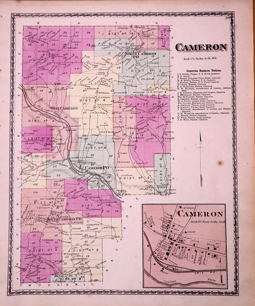 Rare Antique 1873 Plat Map ~ Cameron, Steuben County, New York