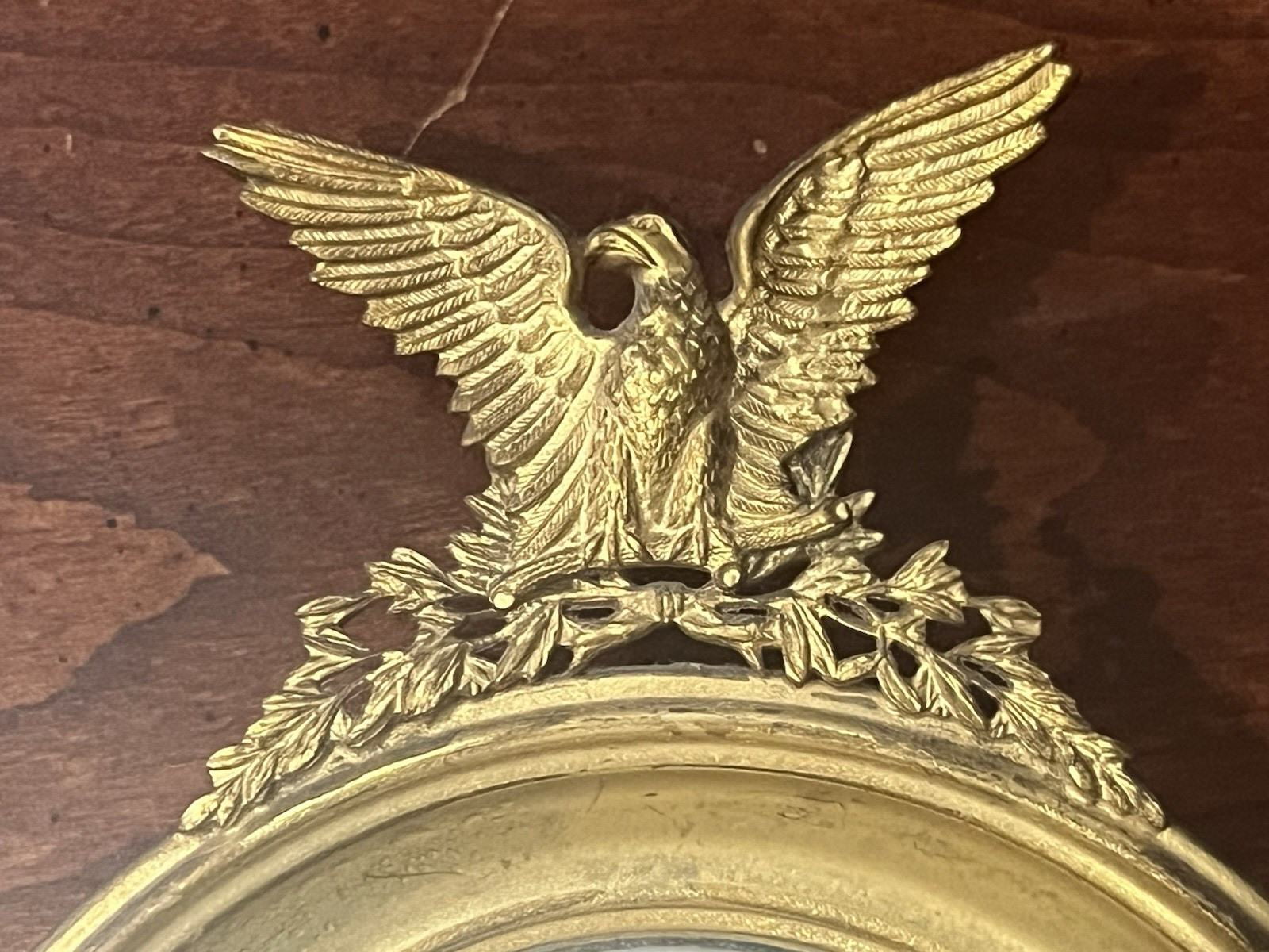 Vintage Pair of Small Gilt Brass American Eagle Crest Convex Mirrors