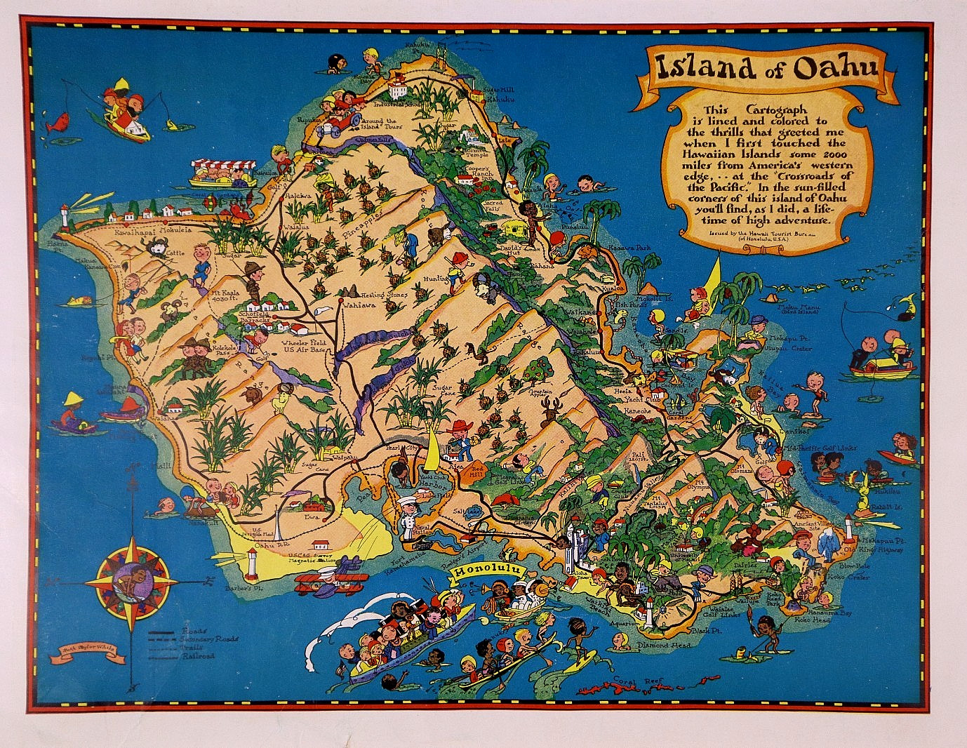 1941 Original Pictorial Map Oahu, Hawaii by RUTH TAYLOR WHITE / Aloha on Reverse