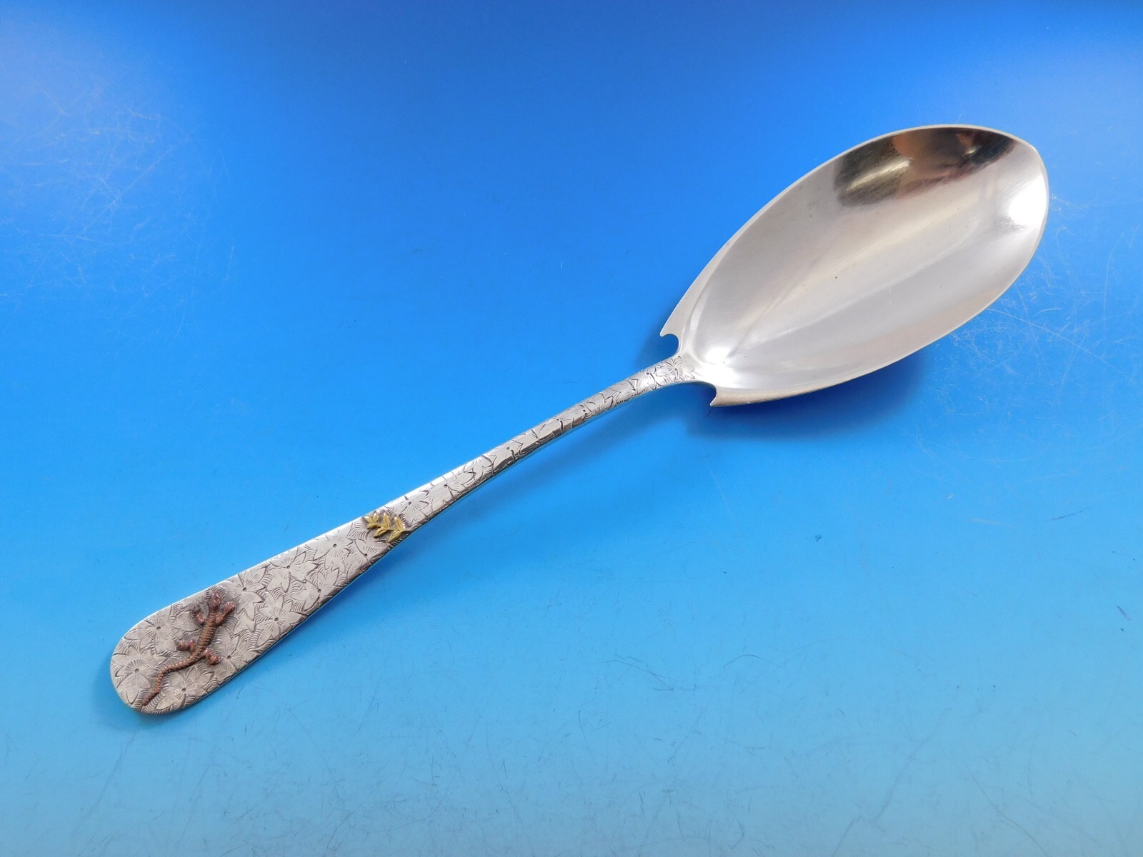 Hammered and Applied by D&H Sterling Silver Berry Spoon 8 3/4″ Copper Lizard