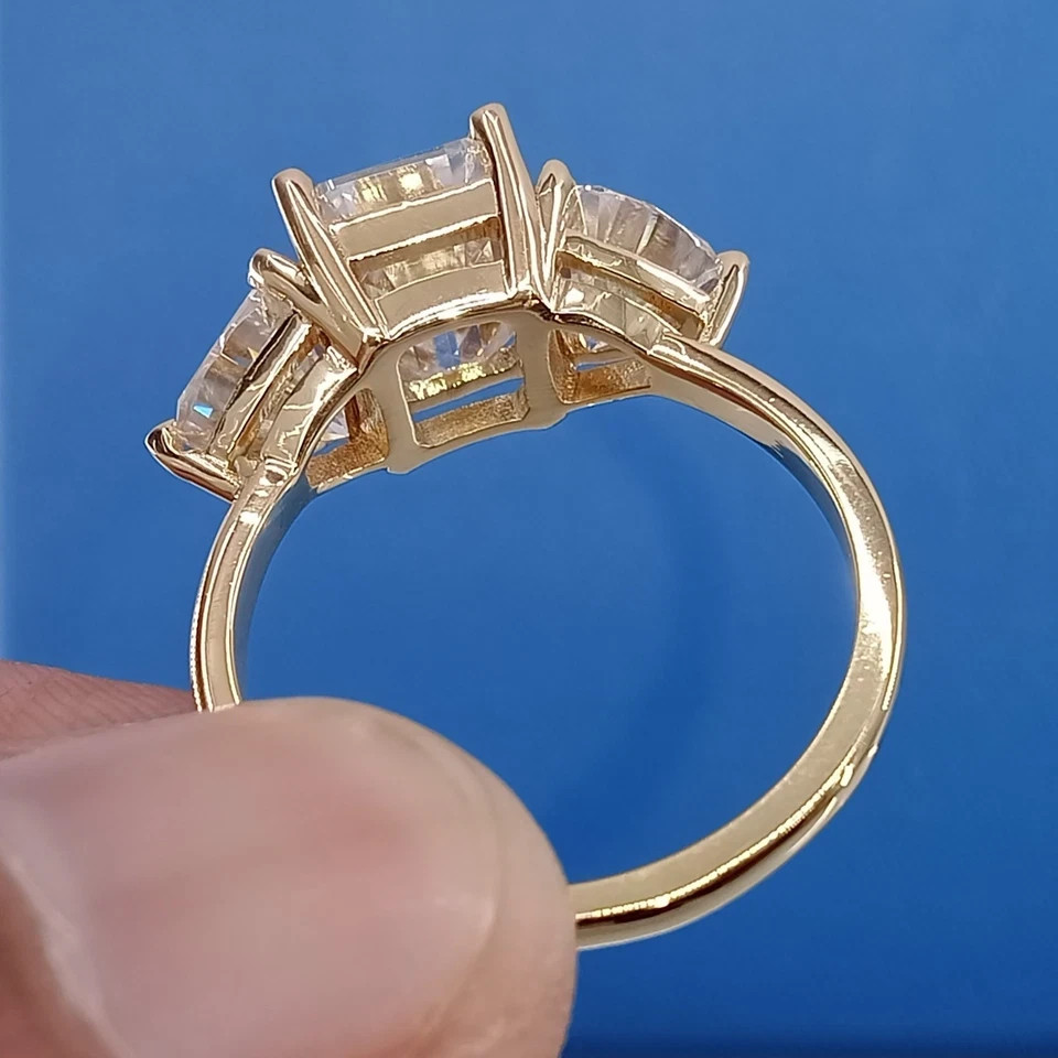 3Ct Emerald Cut Lab Created Diamond Three Stone Ring 14K Yellow Gold Plated