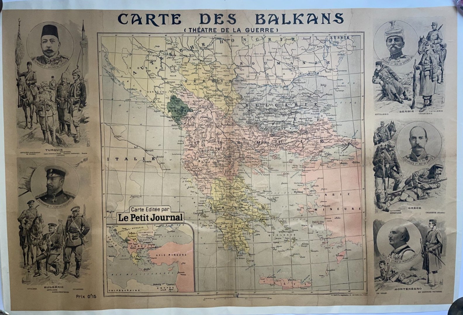 BALKANS THEATRE DE LA GUERRE c. 1912 ANTIQUE WALL MAP LE PETIT JOURNAL ON LINEN