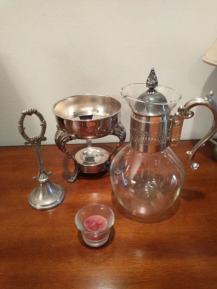 VINTAGE I S CO. SILVER CARAFE W/ STAND & CANDLE 13”