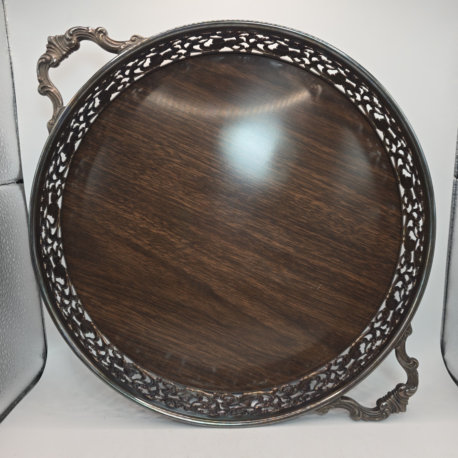 Vintage MCM Handled Silver Plate Serving Bar Tray 11.75 In Formica Round Ornate