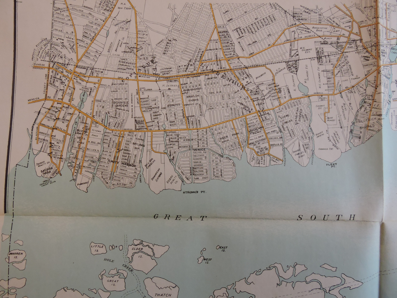 Origonal 1931 Hyde 18×31 Map Long Island LIRR Islip * FIRE ISLAND * Lindenhurst