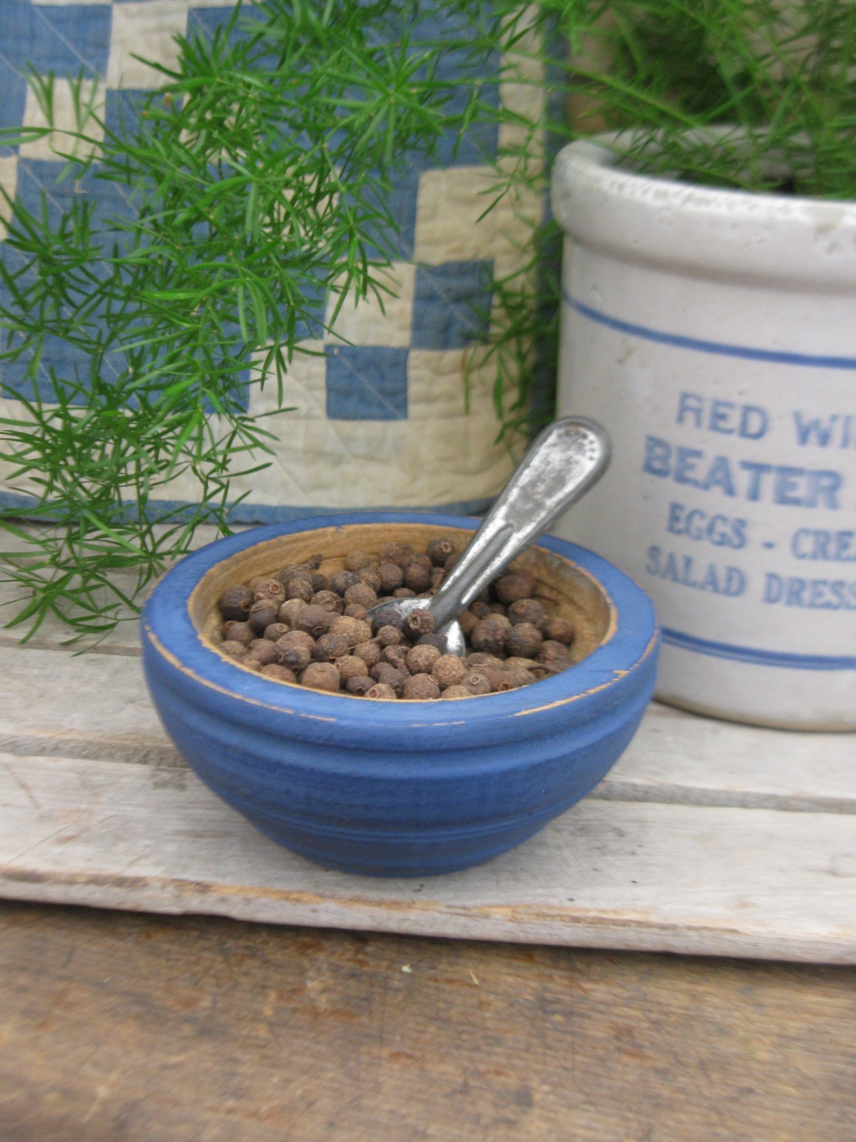 Small Antique Wood Spice Bowl Blue Milk Paint Allspice w Tin Spoon