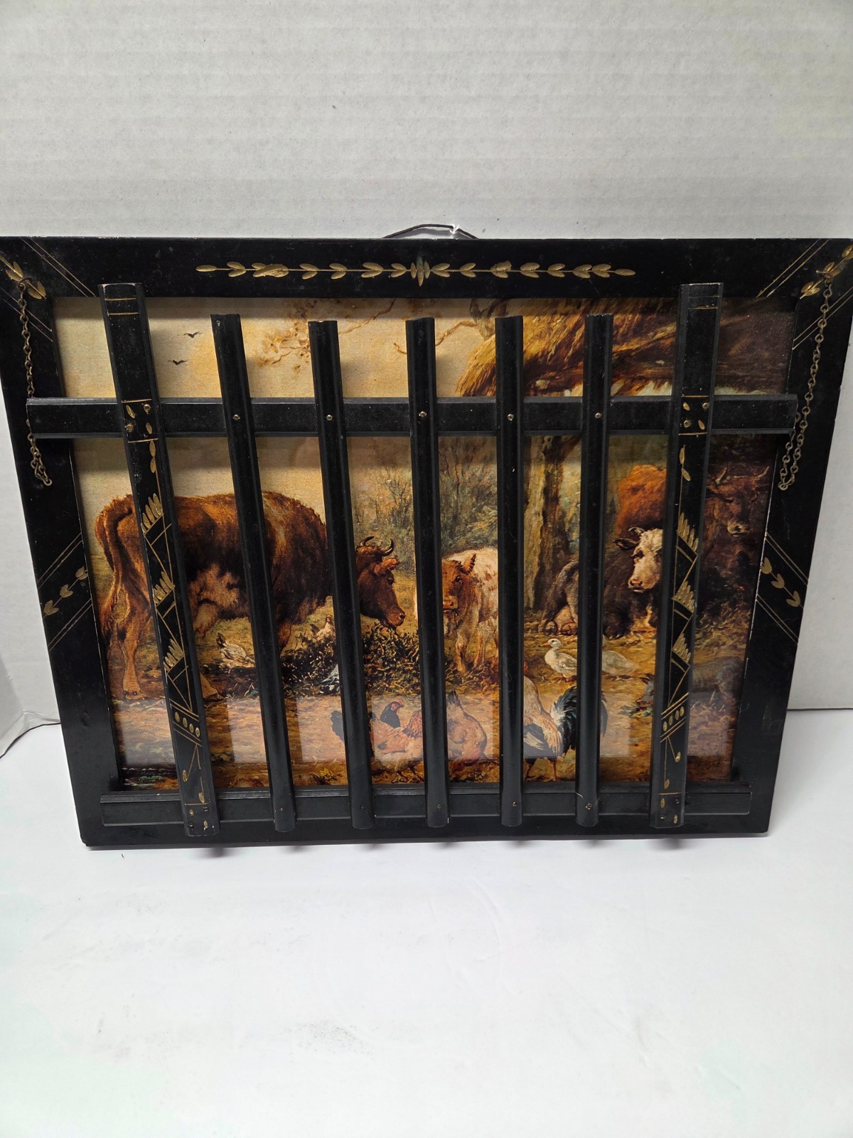 VERY OLD EARLY AMERICAN WALL MAIL/MAGAZINE RACK-RURAL FARM SCENE-BLACK & GOLD