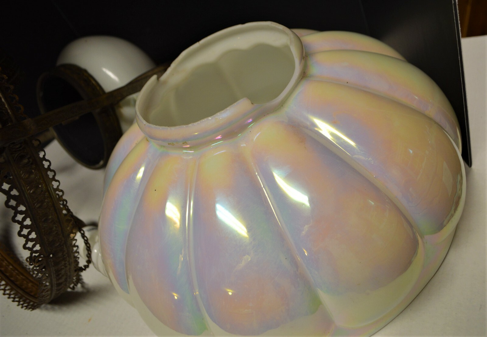 1890’s Victorian Pull Down Library Lamp Pearlescent Melon Shade Electric or Oil