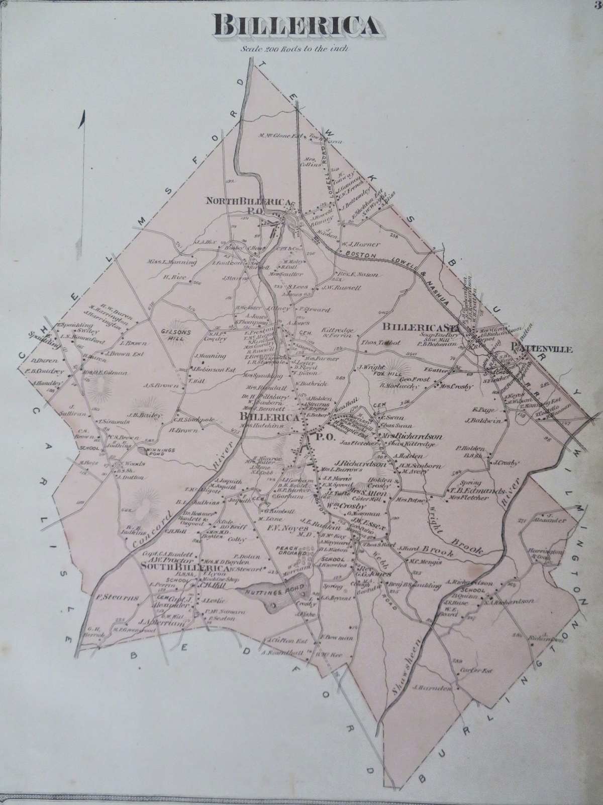 Billerica Middlesex County Massachusetts 1875 F.W. Beers detailed color map