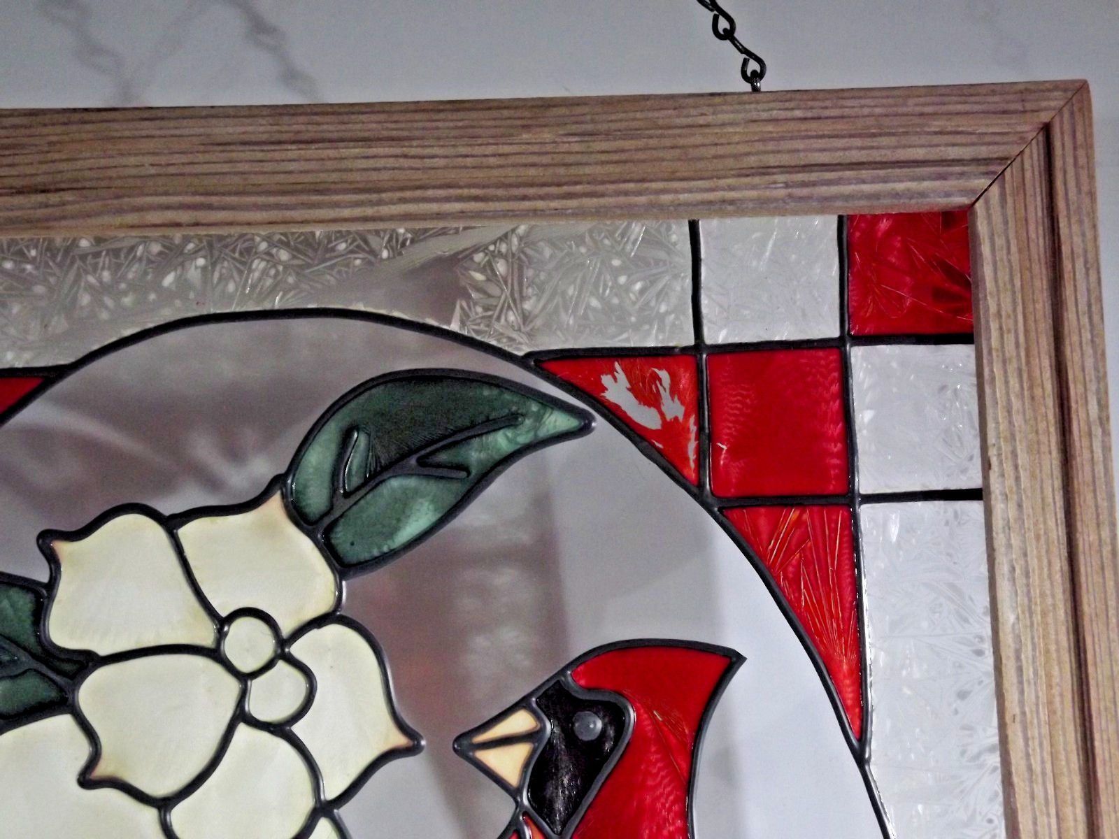 Hand Painted Stained Glass Red Cardinal – Light Brown Wooden Frame – Dogwood