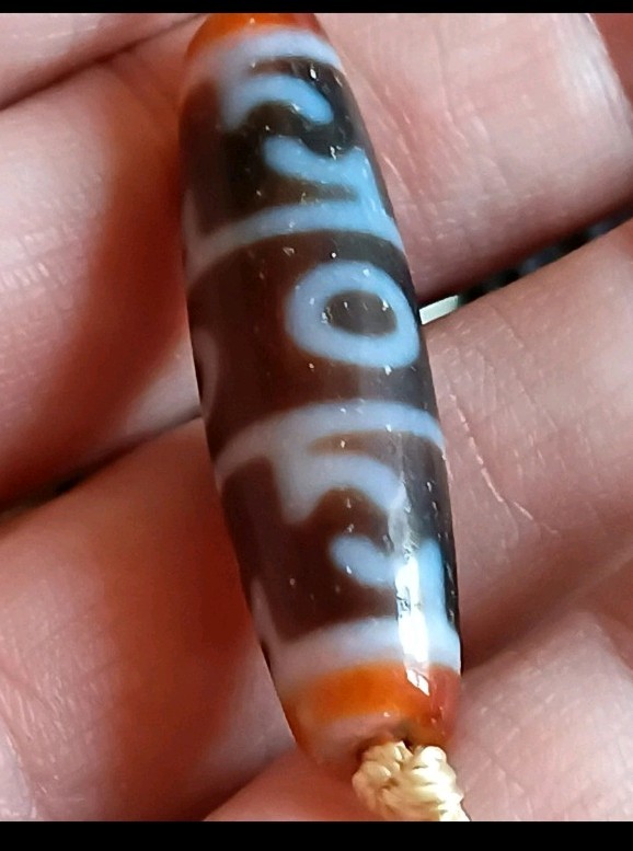 Tibetan Agate/ Hetian Jade Pre 1800s Lianshi 3 Eye Dzi Bead Prayer Necklace