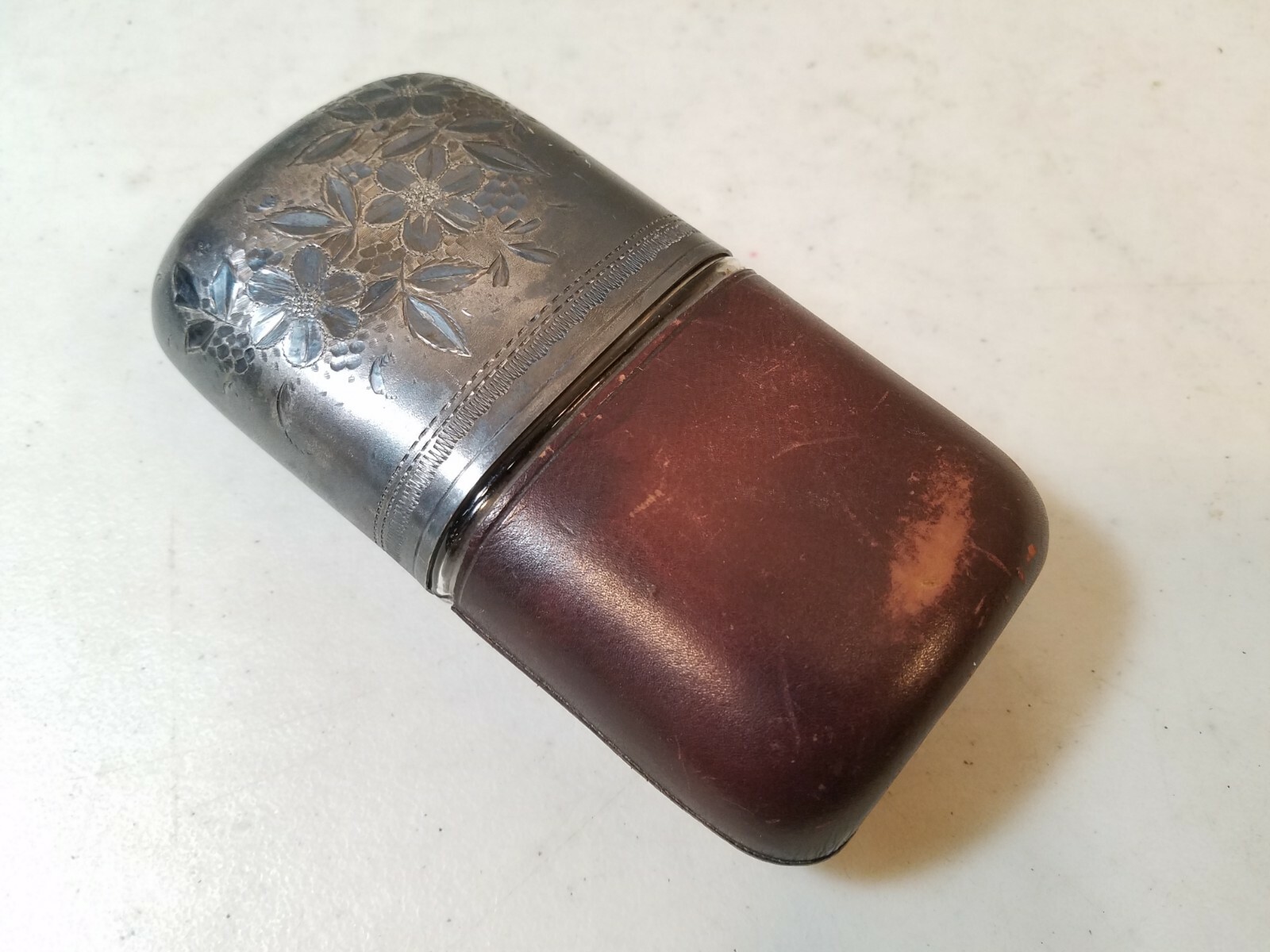 Antique Silver & Leather Hip Spirit Flask With Finely Chased Engraved Cup, 5.5″H