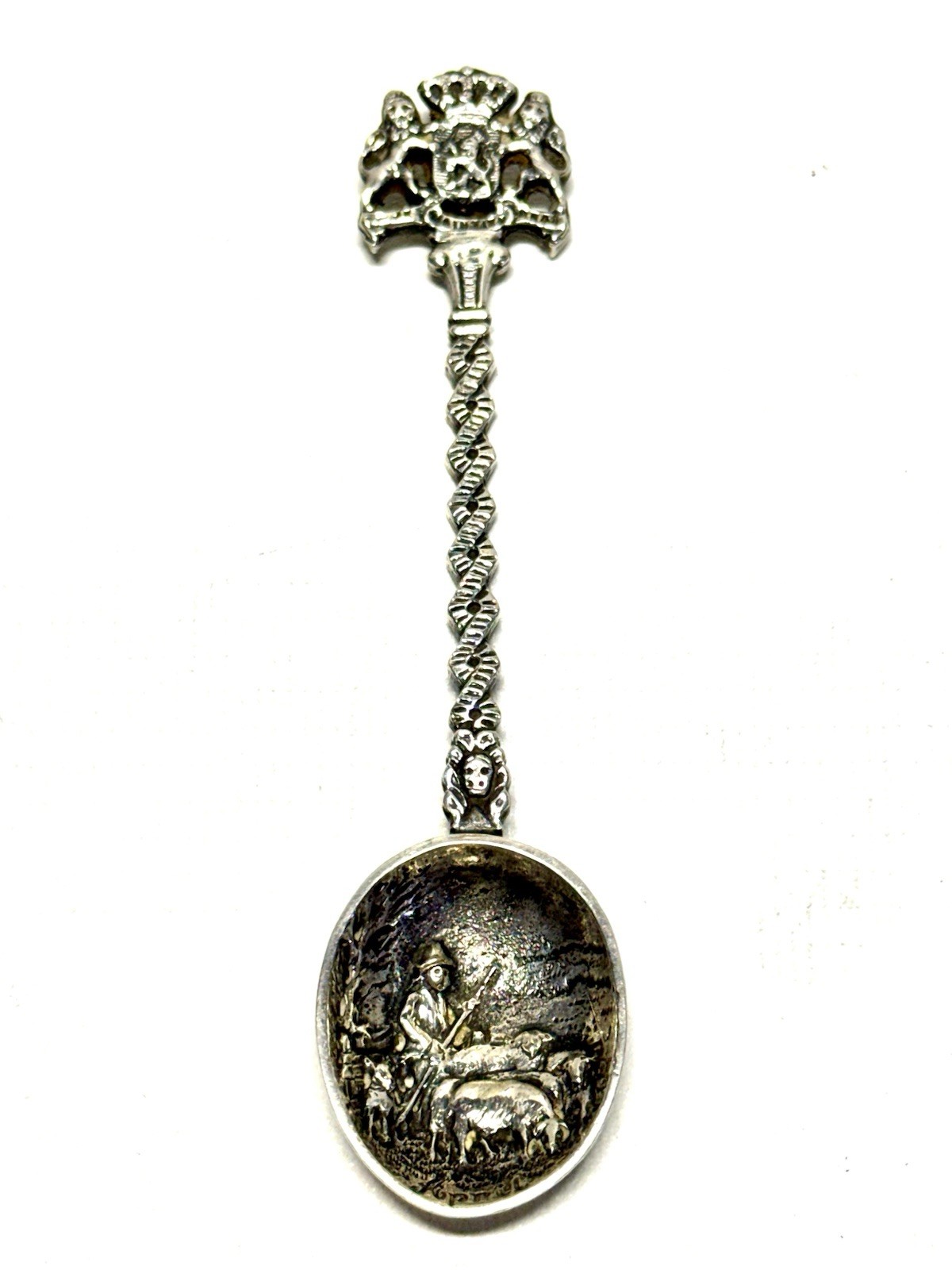 Rare Vintage Dutch Coat of Arms Repoussé Souvenir Spoon April Farm Scene Gero 90