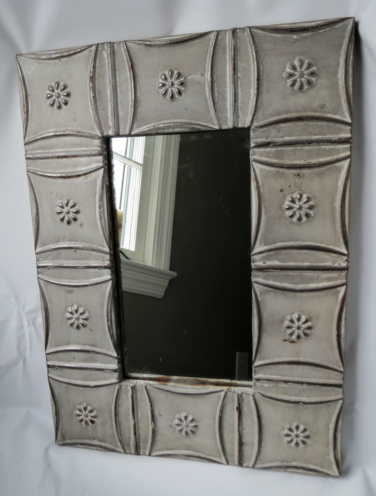 Tin Wall Mirror 16.5 x 23 Silver Gray Salvage Ceiling Tiles Shabby Embossed OOAK