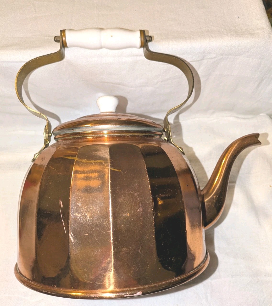 Vintage Copper Tea Pot Kettle W/ White Ceramic/Gold Handle, MCM, Cottagecore Etc