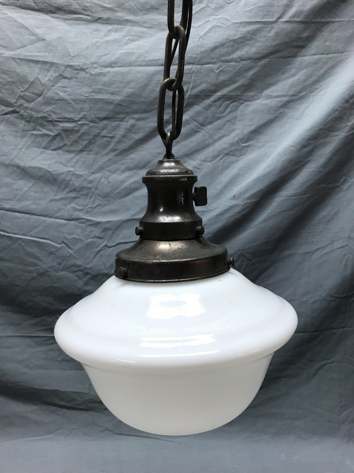 Antique 9″ Schoolhouse Bank Ceiling Light White Glass Globe VTG Bronze 295-23B