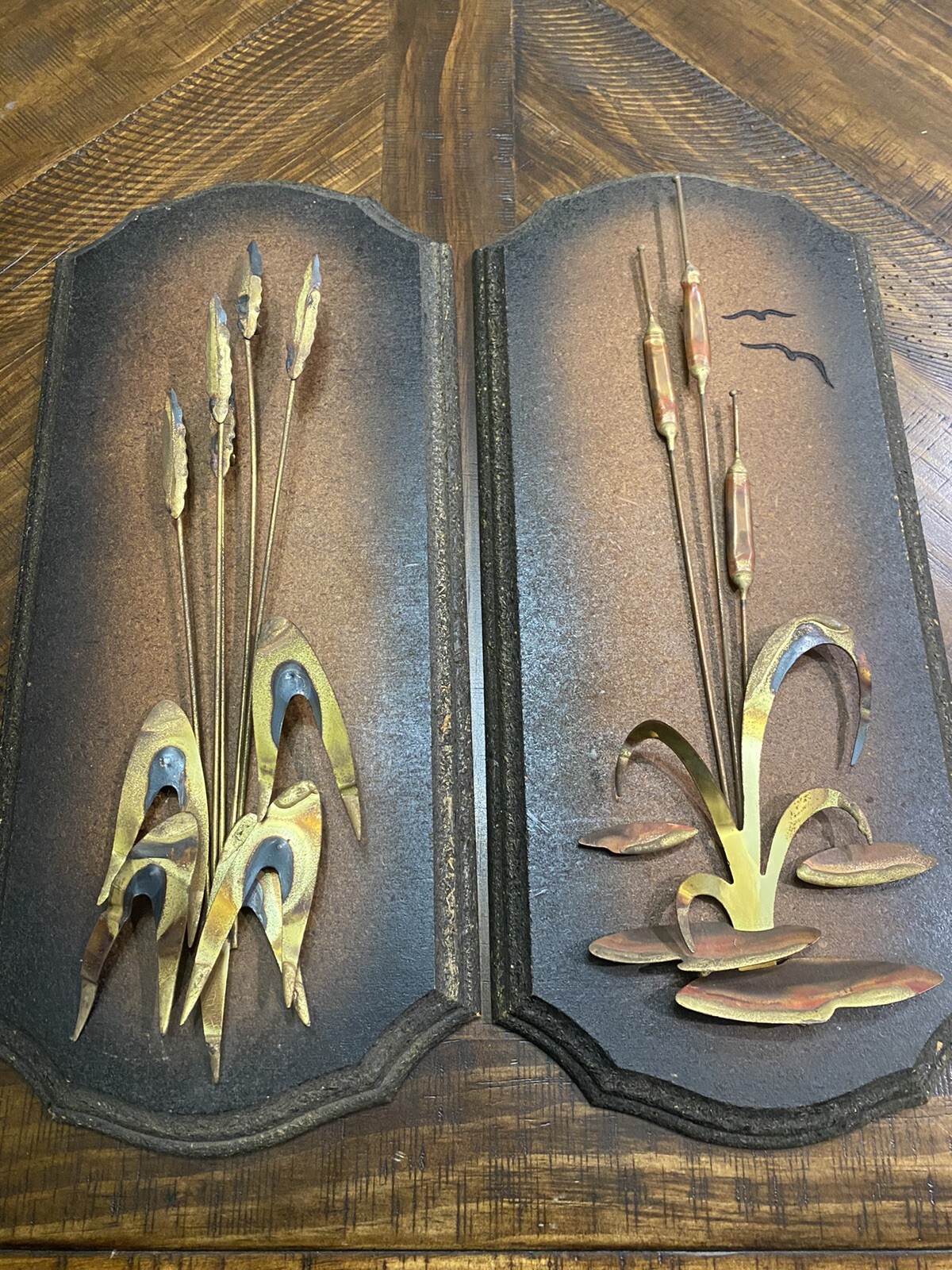 Vintage 1970s Brass & Wood Plaque Pair Hanging Wall Art Cattails Cat Tails Decor