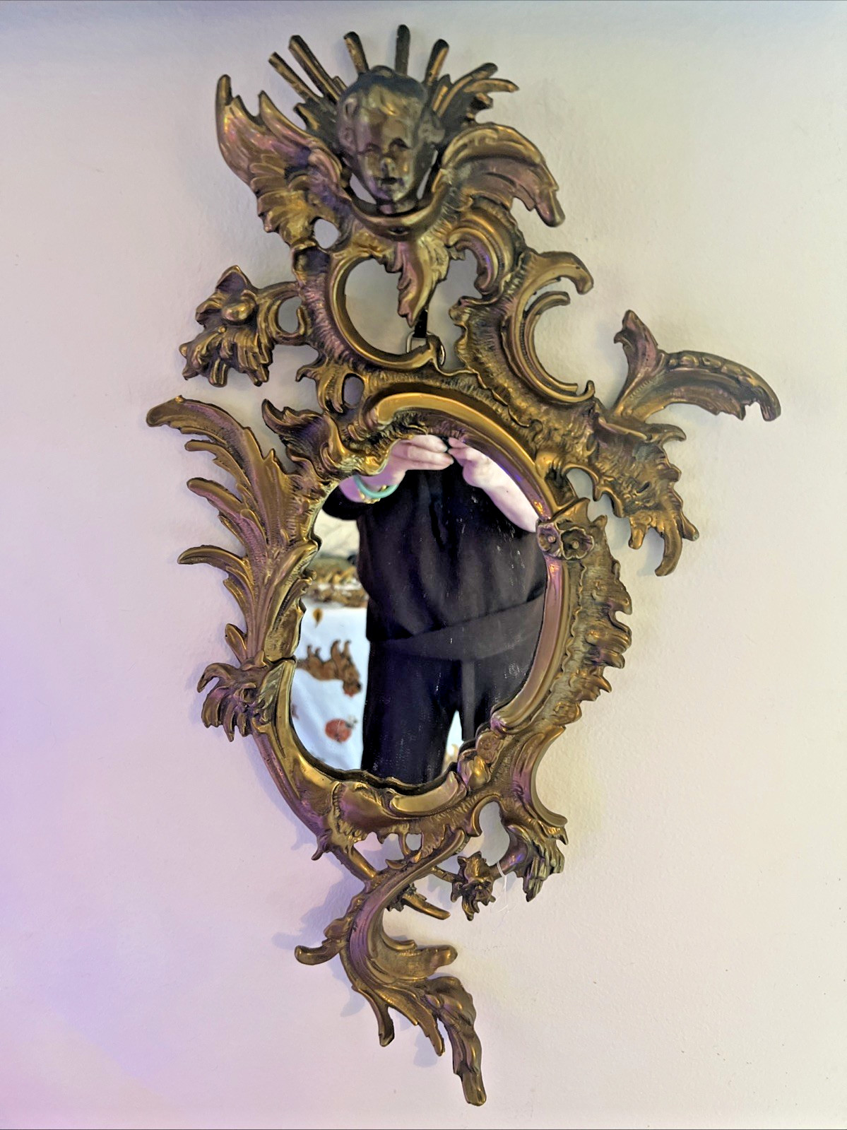 Brass Rococo Wall Mirror With Putti And Ornate Details