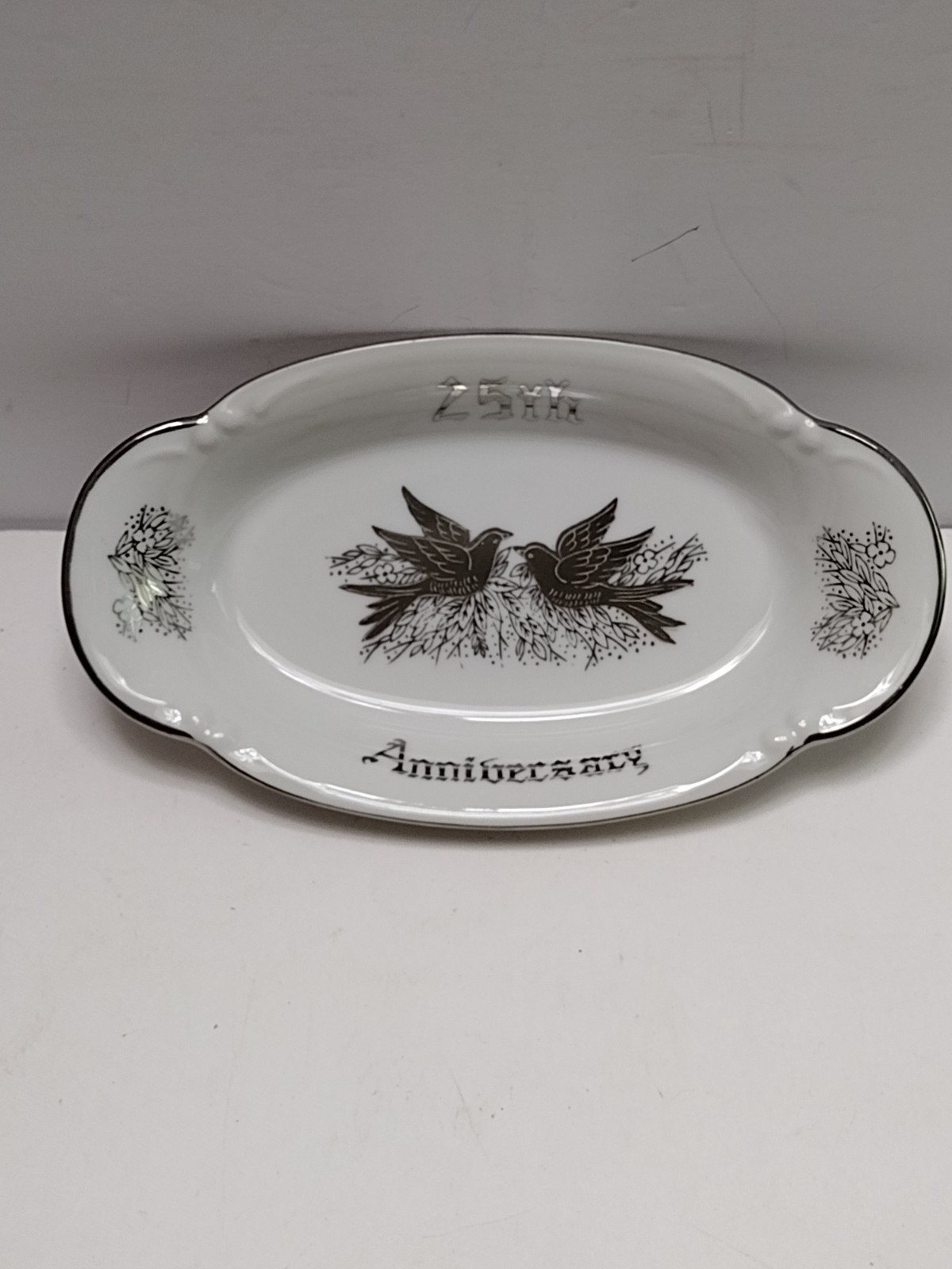 25th Silver Anniversary Dish With Silver Doves 8.5″X5″X1.5″ Good Condition X-445
