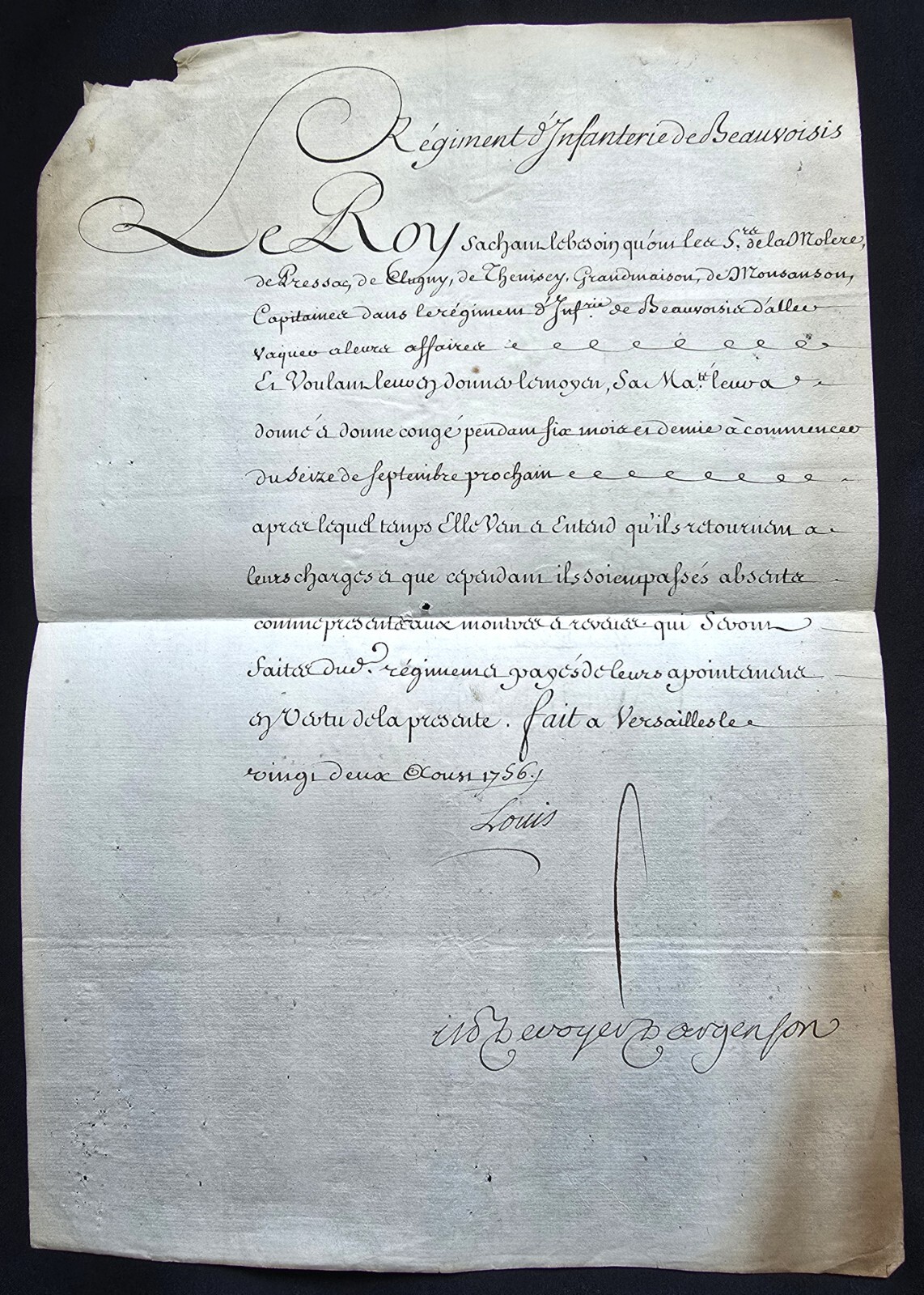 LOUIS XV SIGNED FURLOUGH FOR 6 CAPTAINS IN THE BEAUVAISIS INFANTRY REGIMENT 1756