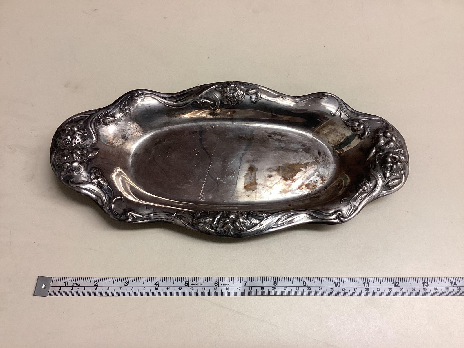 Vintage Silverplate Oval Serving Dish Tray Floral Scroll Border Marked 320 USA