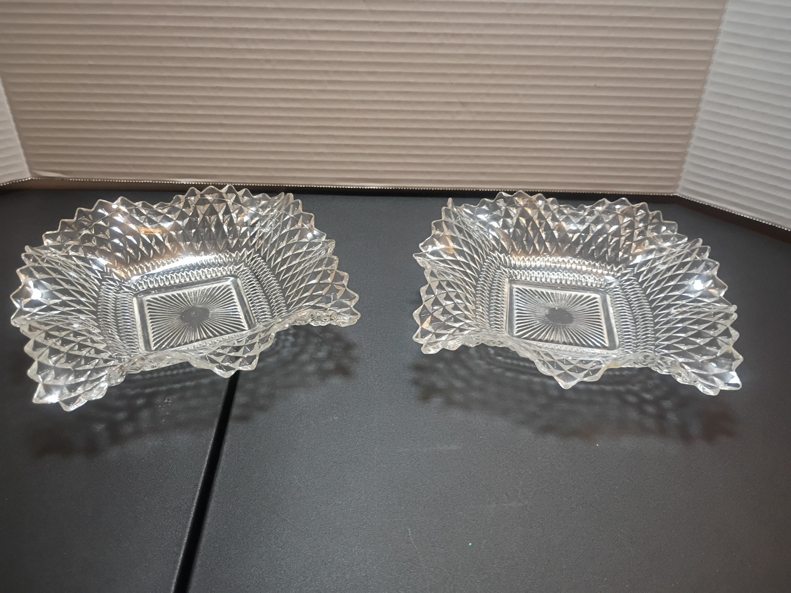 set of 2 Vintage Indiana Glass Co. MCM Clear P/Square/Ruffled/Diamond Point