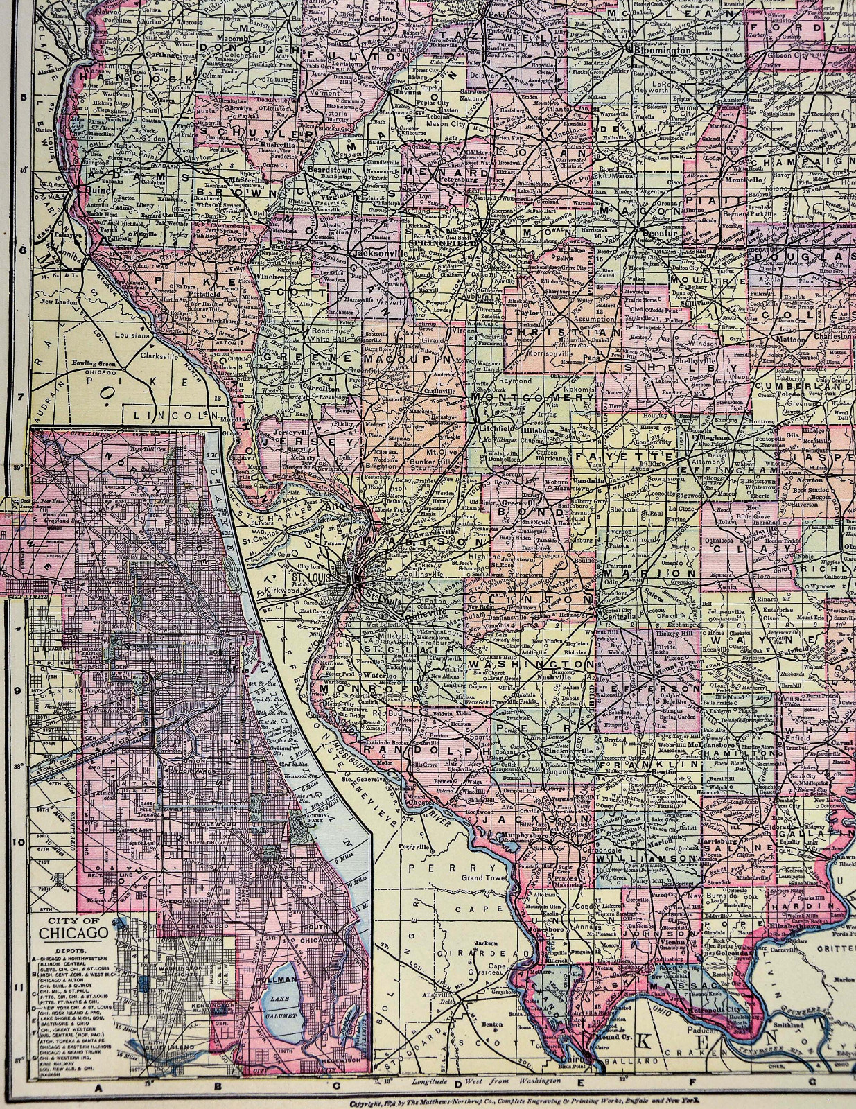 1898 Mathews Northrup Map Illinois Chicago Springfield Peoria Decatur 14×22