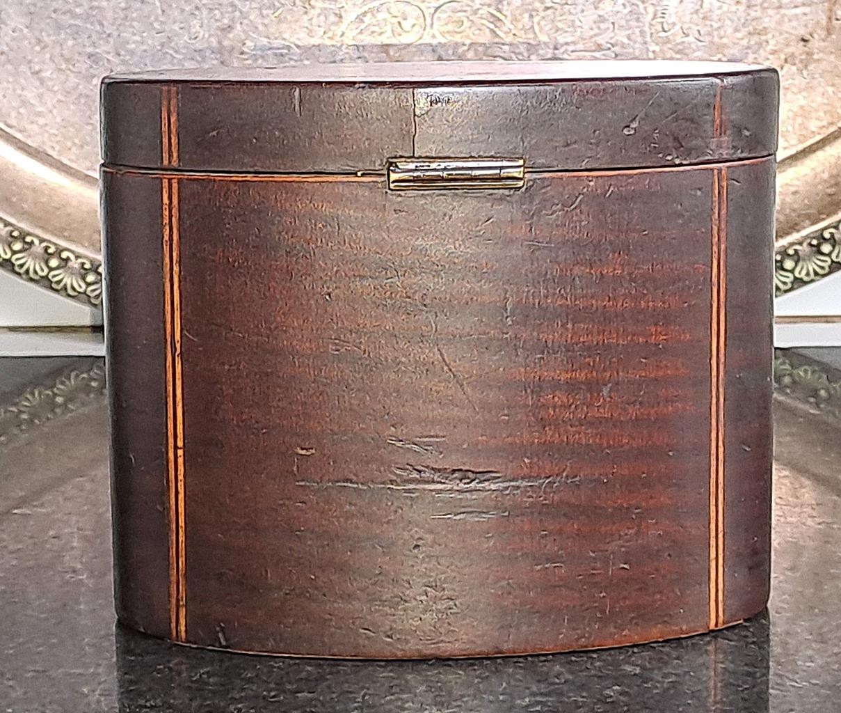 Rare 18th C Sheraton Oval Inlaid Mahogany Tea Caddy C 1780+
