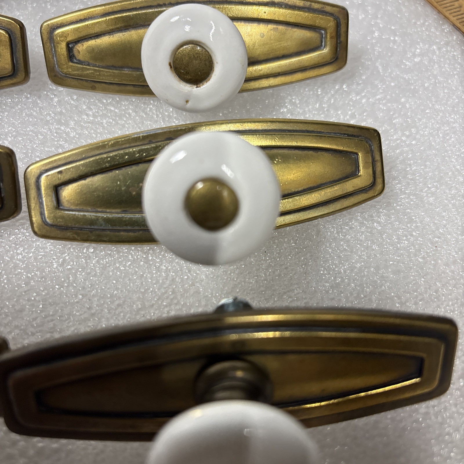 12 Twelve Brass Plate White Ceramic Knob Draw Pulls Center Screws 3.25”
