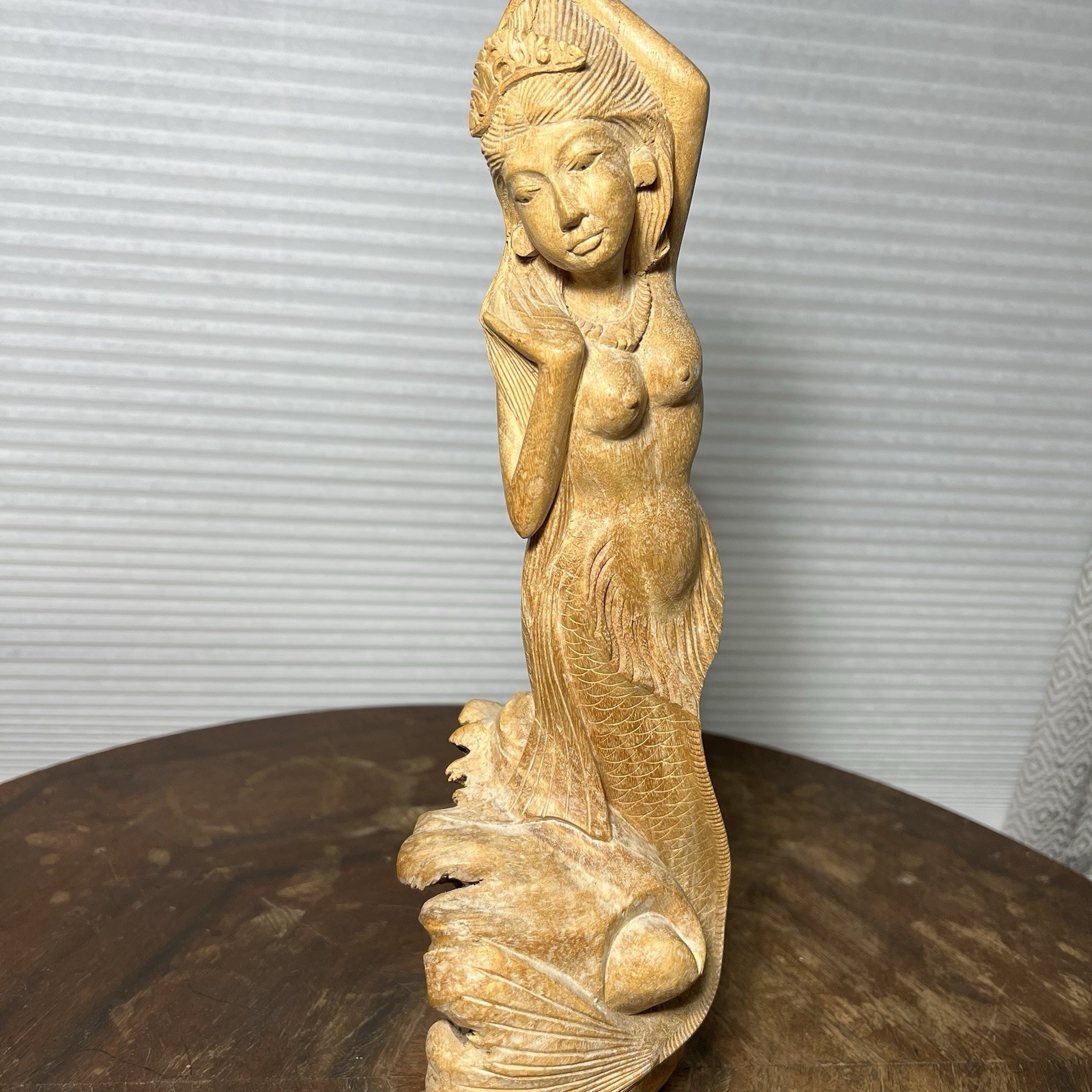 Vintage Balinese Mermaid Wood Carving Statue 14″ Hand Carved Bali Indonesia