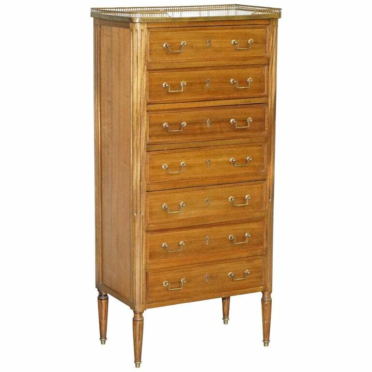 RARE 19TH CENTURY FRENCH MARBLE TOPPED BRASS GALLERY SEMAINIER CHEST OF DRAWERS