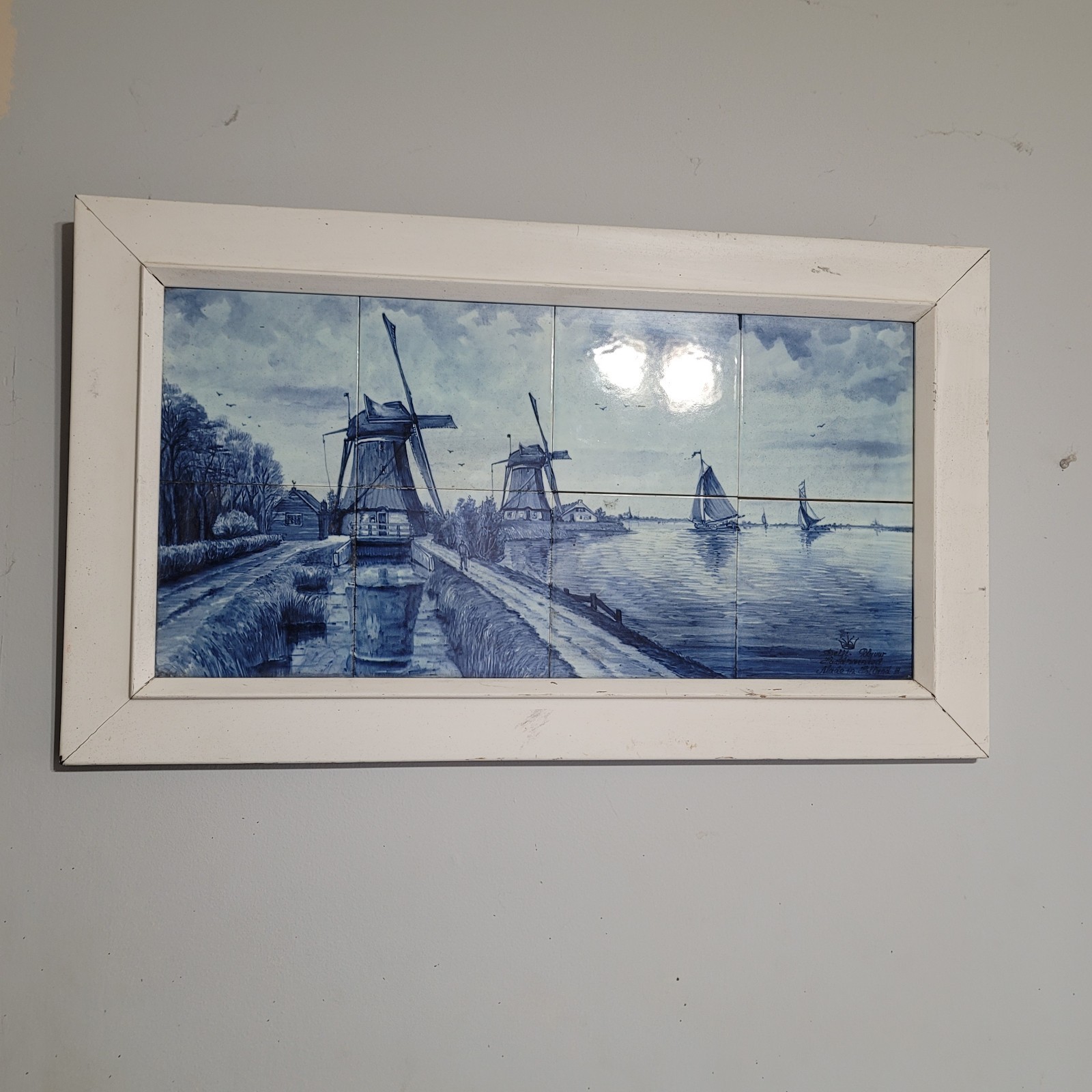 DELFT BLAUW Blue Wood Framed 6 Tile Tableau Dutch Landscape w Windmill