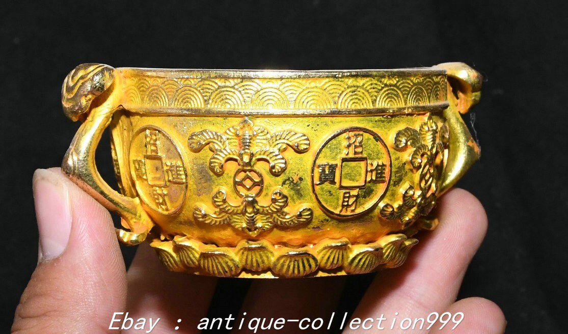 3.5″ Old Dynasty Pure Bronze Gilt Flower Pattern Double Ruyi Ears Wine Cup