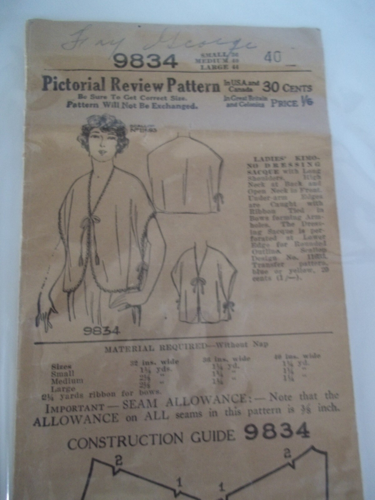 Antique Sew Pattern Top Pictorial Review 9834 dated 1907 Draped Sacque Vest M