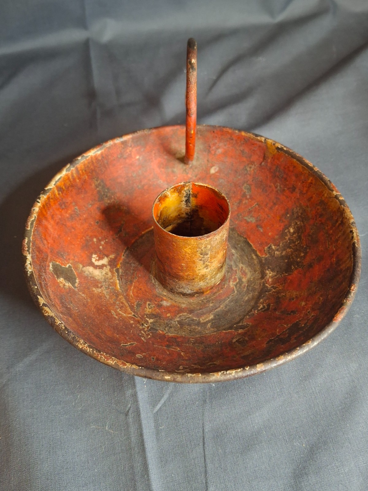 Antique 19thC Red Paint Sheet Tin Chamberstick Candle Holder Finger Loop 5.5″
