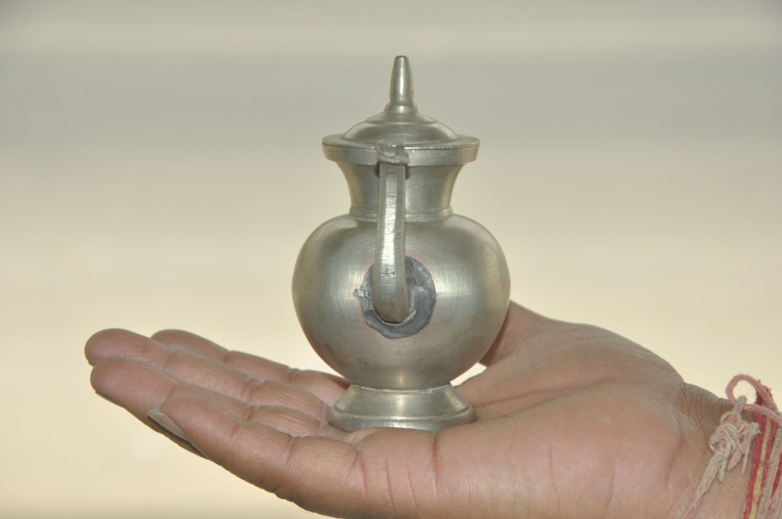 Vintage White Metal Handcrafted Solid Holy Water Pot With Nozzle